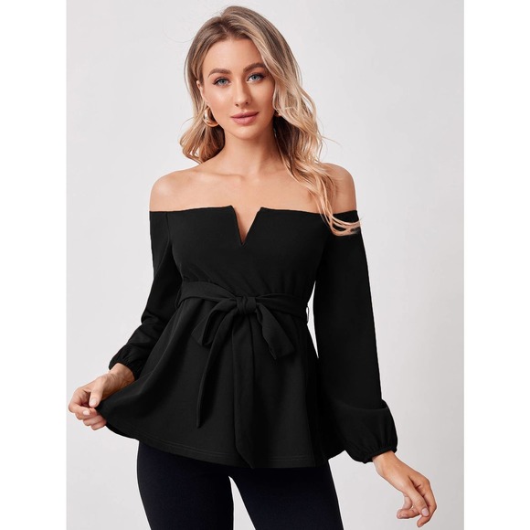 Maternity V Off Shoulder Belted long sleeve Top black - Picture 1 of 8